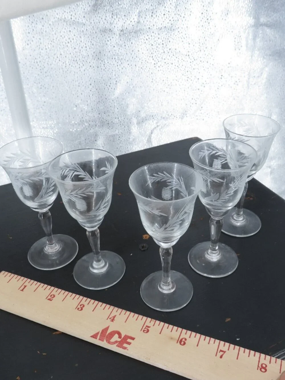 Vintage Etched Wheat Crystal Cordial Glasses Clear Set 5 Small Wine Stemware Cup